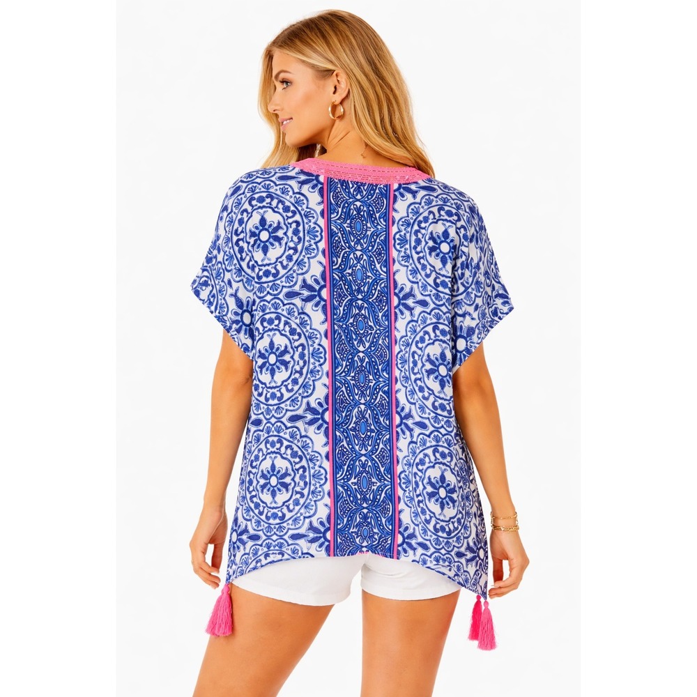 Lilly‎ Pulitzer Sydney Caftan Top Blue Tassel V-Neck Tunic XXS/XS Boho Resort - Picture 2 of 6
